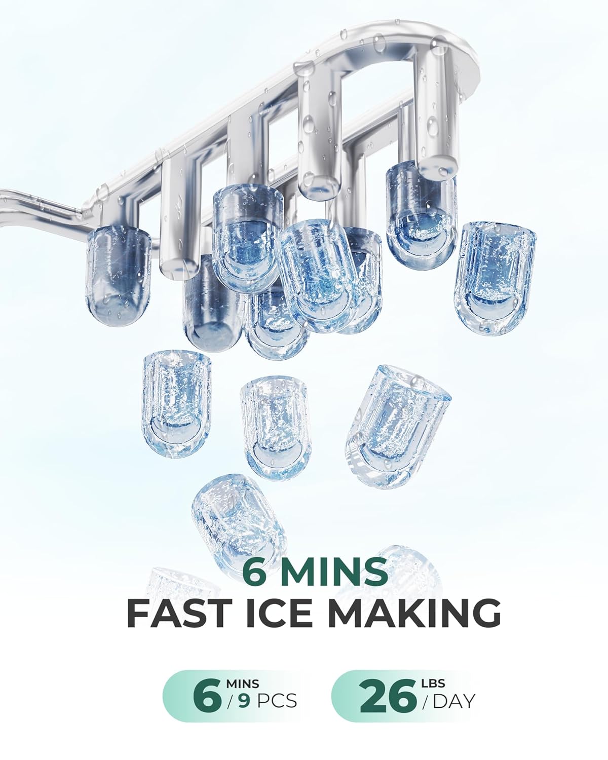 ecozy Maquina de Hielo - 9 Cubos de Hielo en 6 Minutos Ice Maker, Producción Diaria de 26 lbs, Autolimpieza con Bolsas de Hielo, Cuchara y Canasta para Cocina, Oficina, Bar, Fiesta - Negra