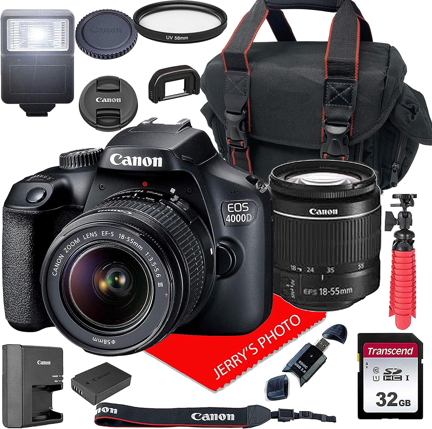 Canon EOS 4000D Cámara réflex digital con EF-S 18-55mm F/3.5-5.6 III lente zoom + funda + tarjeta SD de 32 GB (paquete de 15 piezas)