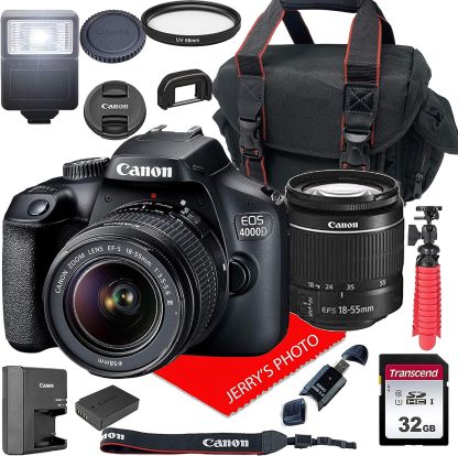 Canon EOS 4000D Cámara réflex digital con EF-S 18-55mm F/3.5-5.6 III lente zoom + funda + tarjeta SD de 32 GB (paquete de 15 piezas)