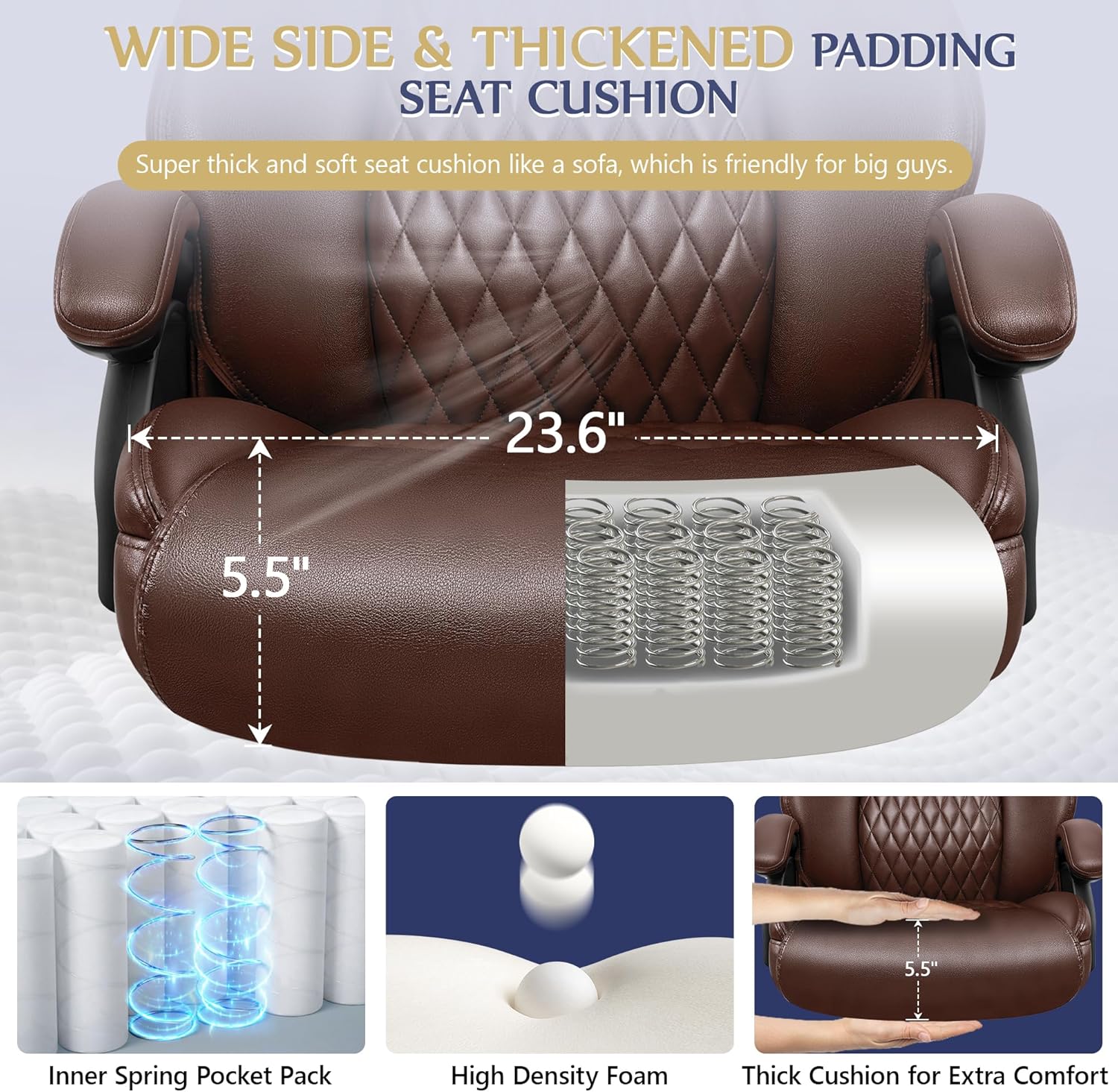 HeroSet - Silla de oficina grande y alta de 500 libras, silla de computadora ejecutiva resistente con soporte lumbar ajustable, cómodo cojín acolchado, silla ergonómica de piel sintética con asiento
