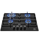 AVERA Parrilla de Gas 4 Quemadores, Vidrio Templado Negro 60cm (Incluye accesorios para Instalarl...