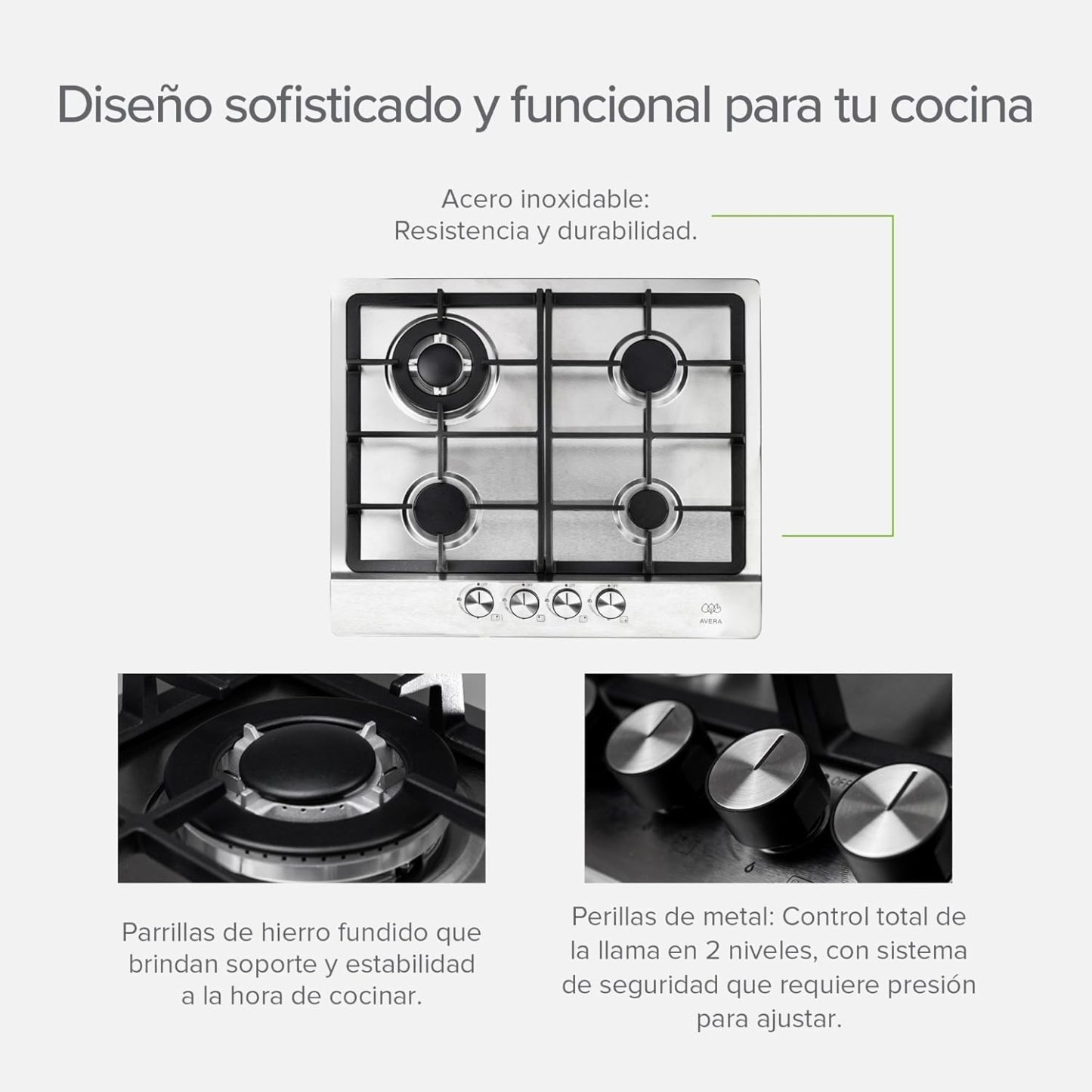 AVERA Combo Parrilla de Gas 4 Quemadores + Campana de Pared 60cm | Acero Inoxidable, Encendido Electrónico, Filtros Lavables y de Carbón, Iluminación LED, Succión de 3 Velocidades | AI4 + CEA60