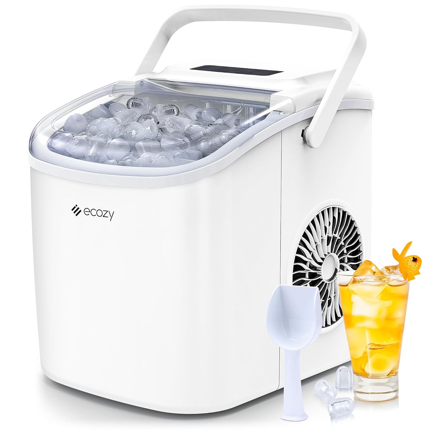 ecozy Maquina de Hielo - 9 Cubos de Hielo en 6 Minutos Ice Maker, Producción Diaria de 26 lbs, Autolimpieza con Bolsas de Hielo, Cuchara y Canasta para Cocina, Oficina, Bar, Fiesta - Negra
