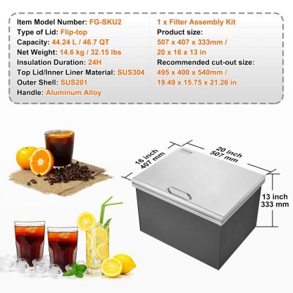 VEVOR - Cofre de Hielo de 20 Pulgadas de Largo x 16 Pulgadas de Ancho x 13 Pulgadas de Alto, Enfriador de Acero Inoxidable con Barra de Cubierta con bisagras, cubeta de Hielo de 40.9 Cuartos de galón