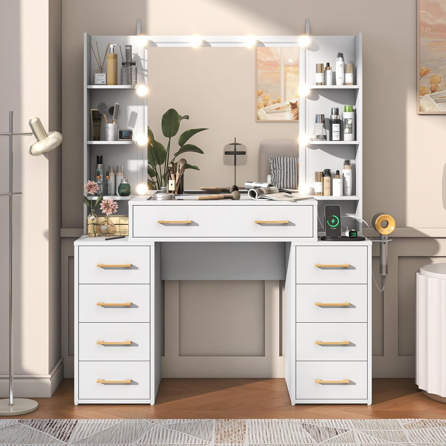 Tocador negro con espejo y luces LED, tocador con tapa de cristal con estación de carga y cajones de almacenamiento con compartimentos, mesa de tocador de maquillaje grande de 43 pulgadas con 9 cajones y 6 estantes