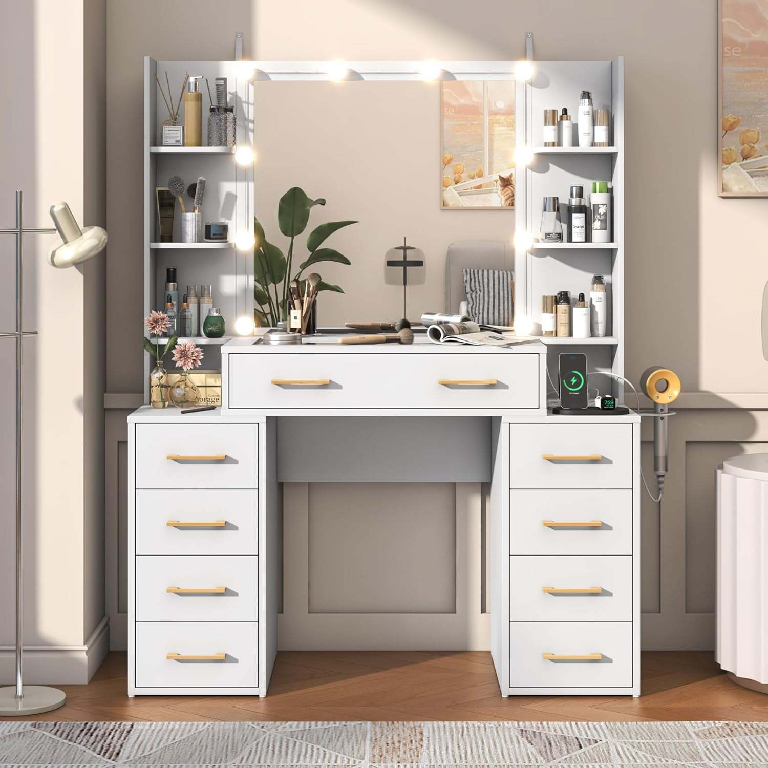 Tocador negro con espejo y luces LED, tocador con tapa de cristal con estación de carga y cajones de almacenamiento con compartimentos, mesa de tocador de maquillaje grande de 43 pulgadas con 9 cajones y 6 estantes