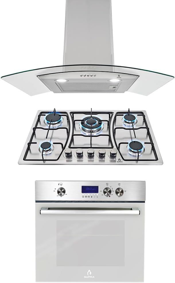 SUPRA Tricombo empotrable Zenit, Parrilla a gas de 5 quemadores para empotrar Mod. ZEGNA, Campana extractora de pared Mod. CC-76,Horno en acero inoxidable con cristal templado Mod. SILVER VORTEX