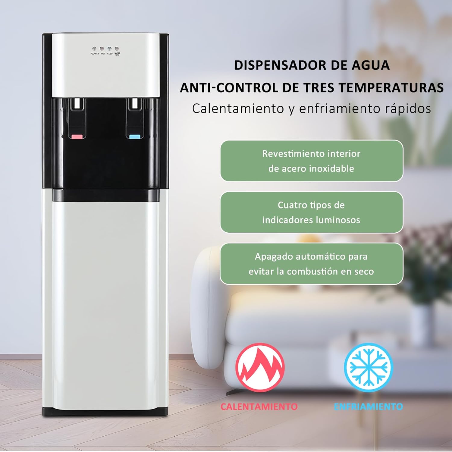 CHAGEE Despachador de Agua Garrafon Oculto 3 Ajustes de Temperatura Dispensador de Agua-Caliente Fría y Agua de la Habitación Dispensador de Agua de Acero Inoxidable para el Hogar (Blanco)