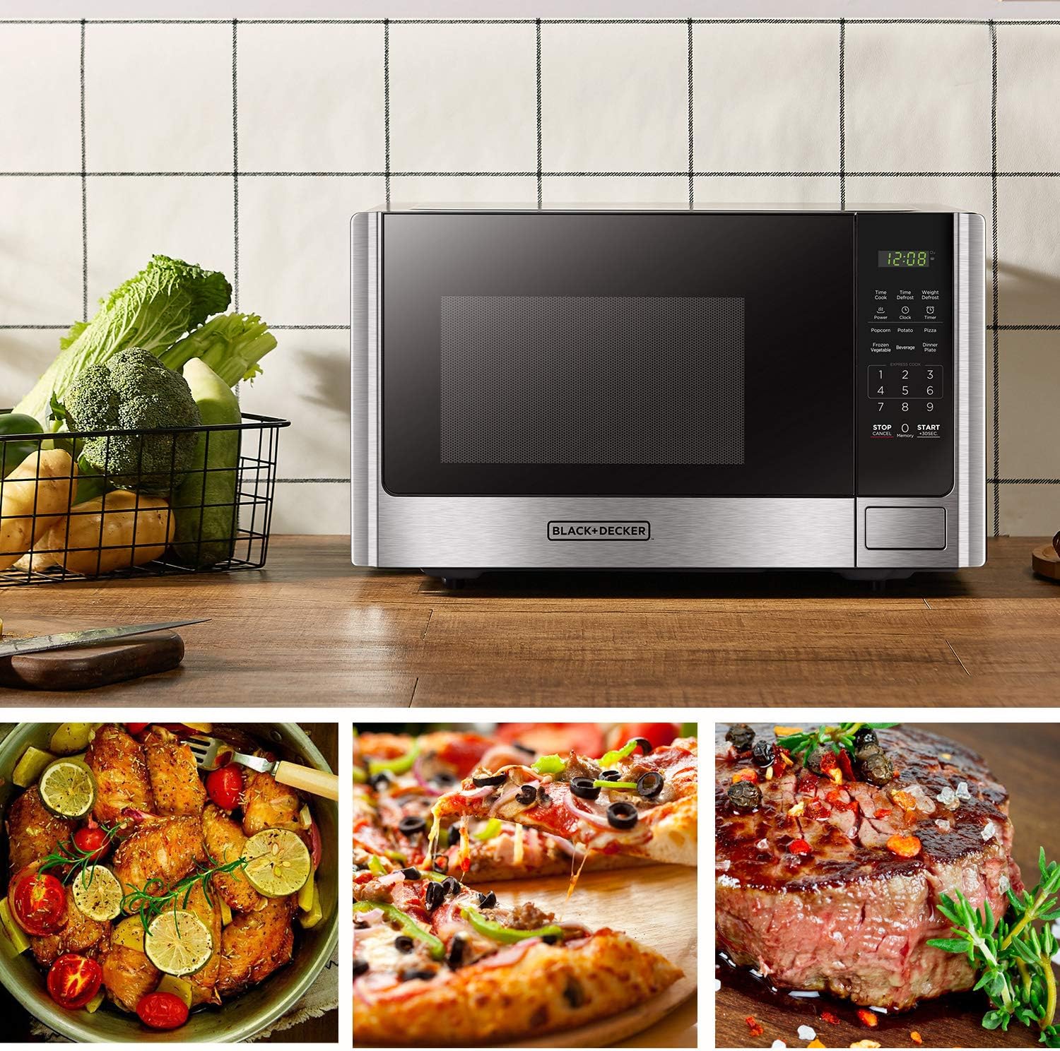 BLACK+DECKER EM720CB7 - Horno de microondas digital con puerta giratoria con botón pulsador, cerradura de seguridad infantil, 700 W, acero inoxidable, 0.7 pies cúbicos