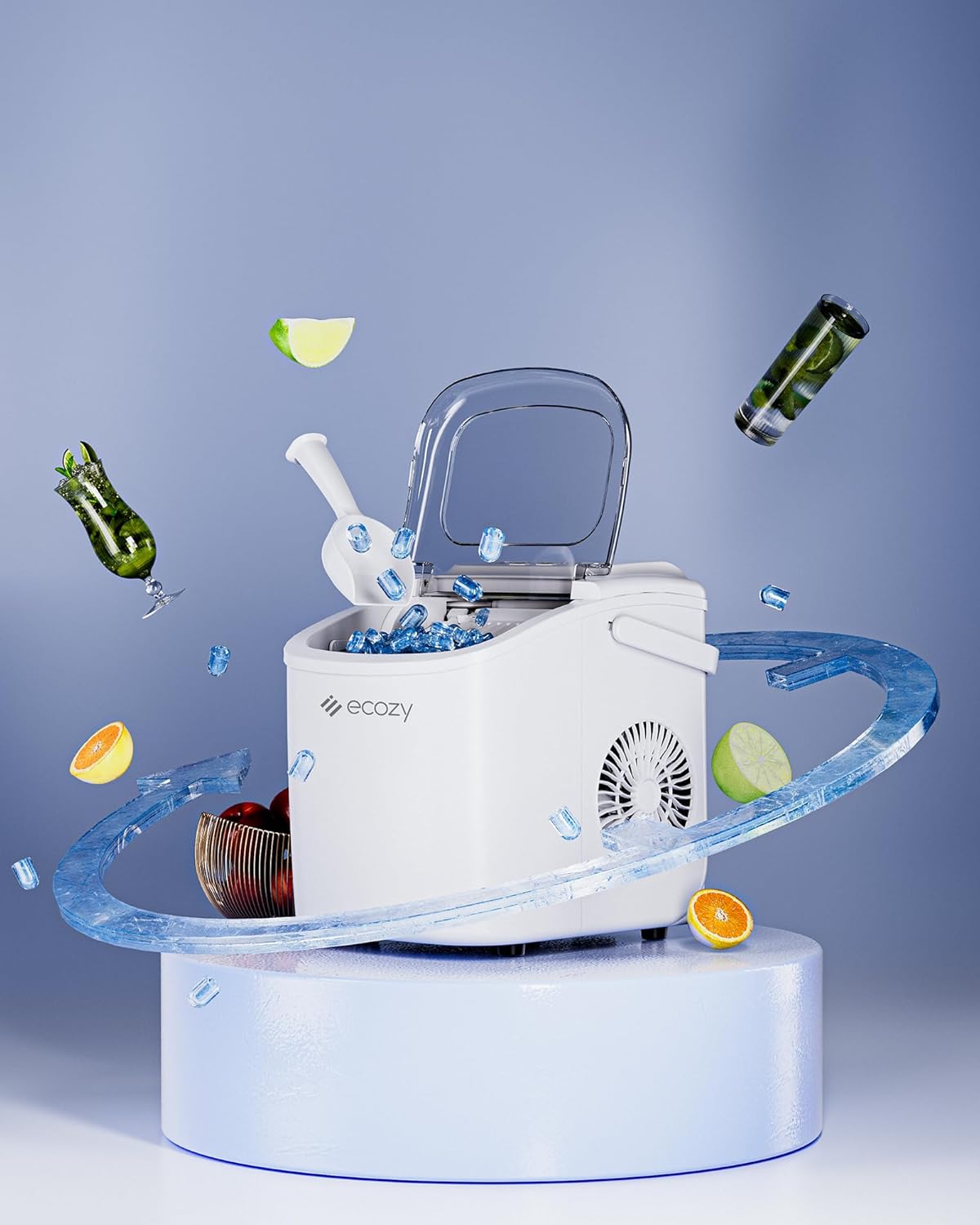 ecozy Maquina de Hielo - 9 Cubos de Hielo en 6 Minutos Ice Maker, Producción Diaria de 26 lbs, Autolimpieza con Bolsas de Hielo, Cuchara y Canasta para Cocina, Oficina, Bar, Fiesta - Negra
