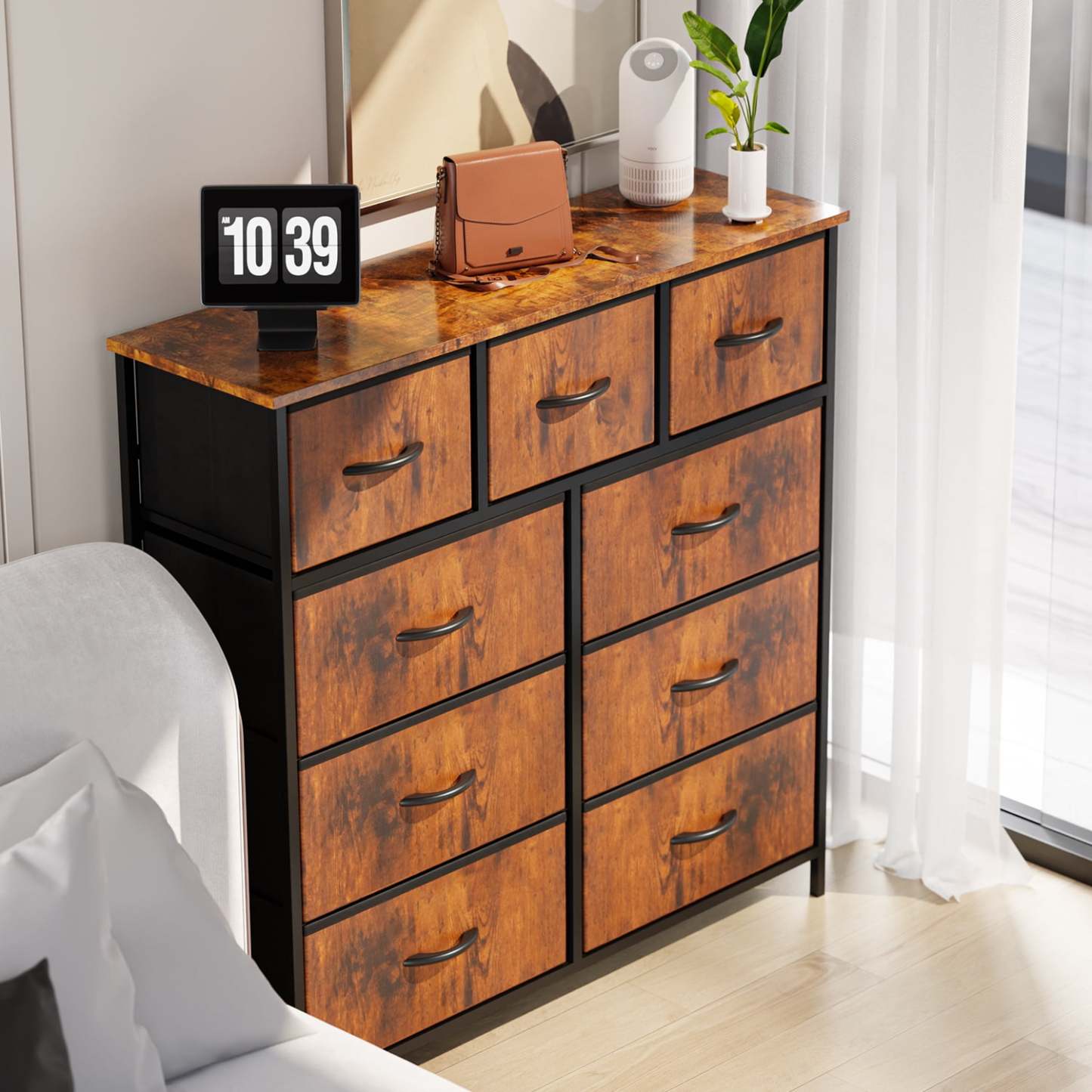 Yanming Cómoda de Tela con 9 cajones, Estructura de Acero y Tapa de Madera para Dormitorio, Armario, Entrada