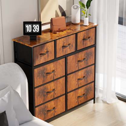 Yanming Cómoda de Tela con 9 cajones, Estructura de Acero y Tapa de Madera para Dormitorio, Armario, Entrada