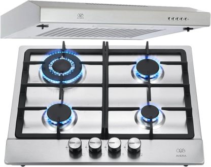 AVERA Combo Parrilla de Gas 4 Quemadores + Campana de Pared 60cm | Acero Inoxidable, Encendido Electrónico, Filtros Lavables y de Carbón, Iluminación LED, Succión de 3 Velocidades | AI4 + CEA60