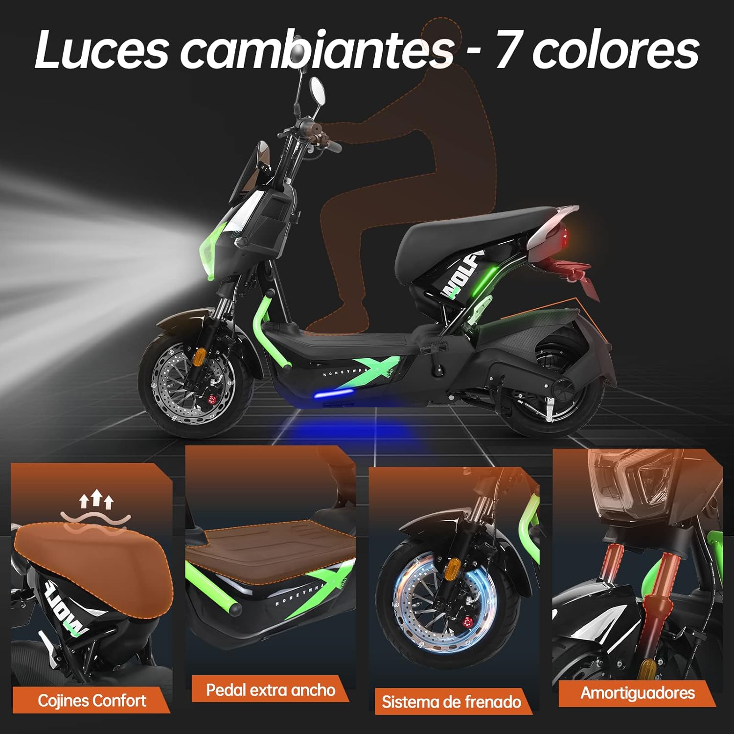 HONEYWHALE ZL-Wolf Bicicleta Electrica para Adultos, Bicimoto Eléctrica con Alarma, Máxima del Motor 1200W, Velocidad Máxima 55KM/H, Autonomía 50-55KM, Batería (72V, 20AH), Emite 7 Colores de luz