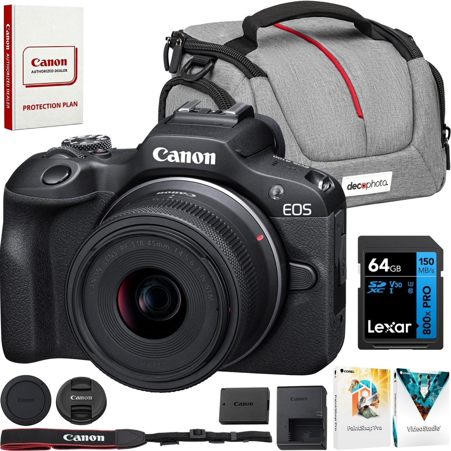 Canon EOS R100 - Kit de 2 lentes con doble zoom para cÃ¡mara RF-S de 18-45 mm + lentes RF de 75-300 mm 6052C111 paquete con kit de fotos Deco que incluye tarjeta de memoria Lexar Premium PRO Series