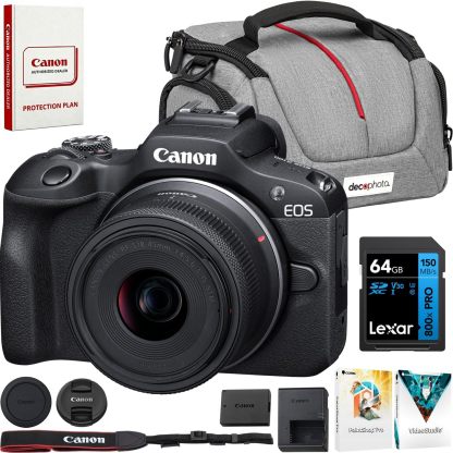 Canon EOS R100 - Kit de 2 lentes con doble zoom para cÃ¡mara RF-S de 18-45 mm + lentes RF de 75-300 mm 6052C111 paquete con kit de fotos Deco que incluye tarjeta de memoria Lexar Premium PRO Series