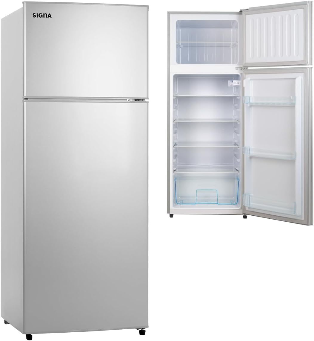 SIGNA Refrigerador 210L (7.4 pies cubicos) Frigobar Compacto Silver Refrigerador Con congelador de Acero Inoxidable Ideal Para Espacios Pequeños Frigobar Multifuncional (Plateado)