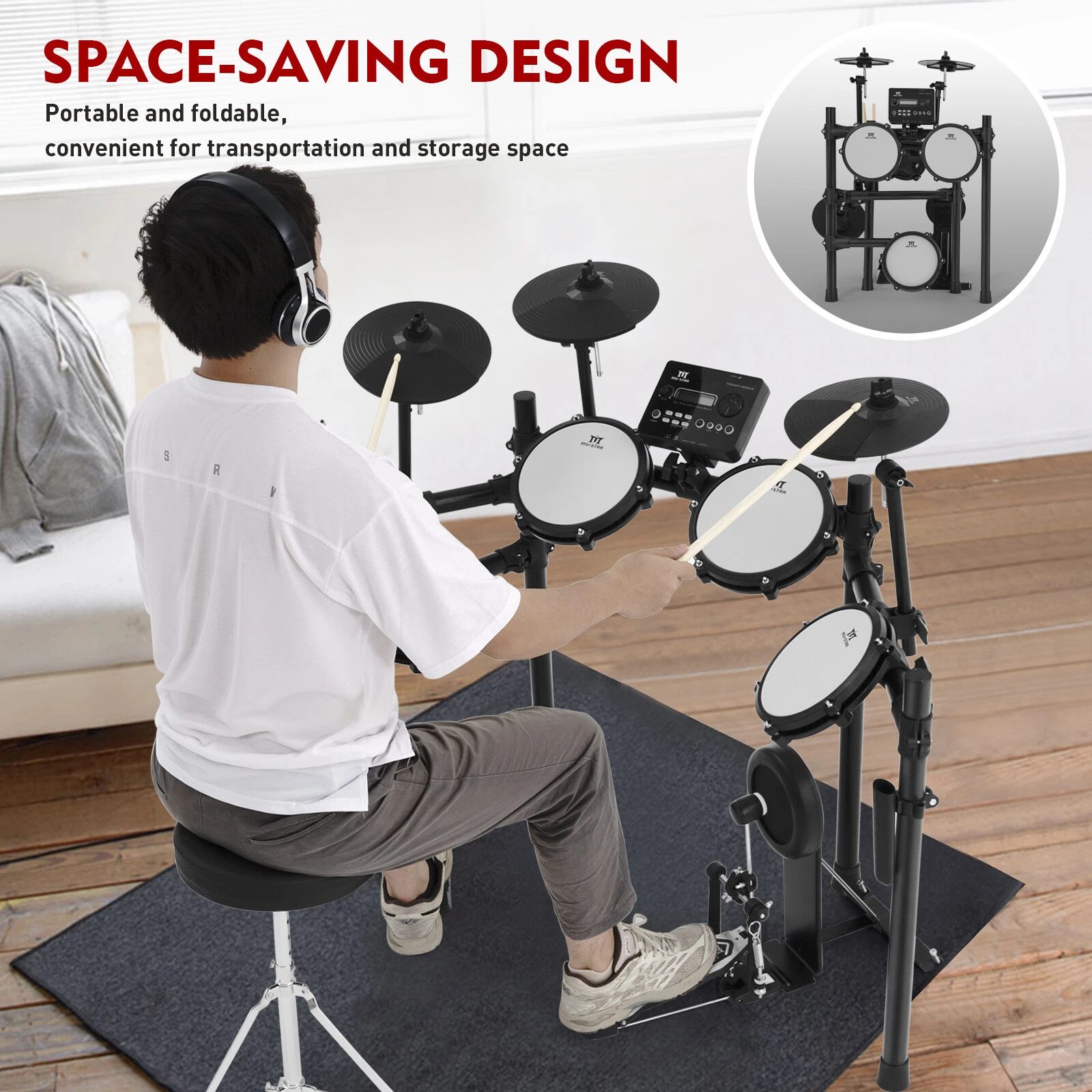 Juego de batería eléctrica almohadillas de malla caja de doble zona con USB MIDI, 2 pedales, auriculares