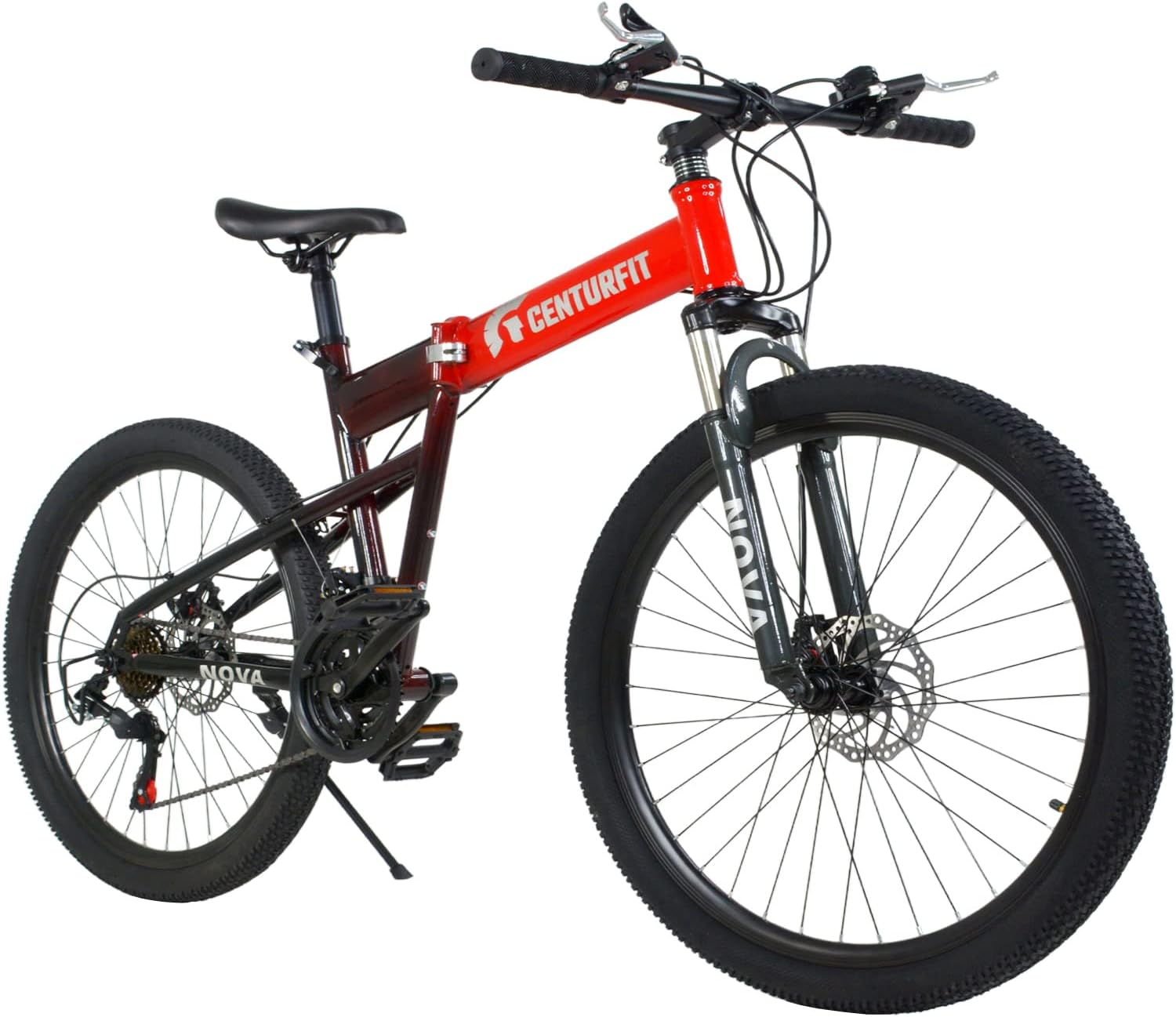 CENTURFIT Bicicleta de Montaña Rodada 26 con 21 Velocidades Frenos de Disco en Las 2 Llantas Plegable Manubrio Plegable Amortiguadores Soporta hasta 120 Kg Bici de Montaña para Hombre Mujer Roja