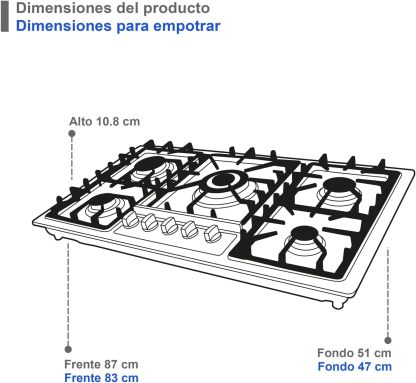 SUPRA Parrilla a Gas de 5 Quemadores Empotrable - 87 cm, Modelo 5Q-EB-87