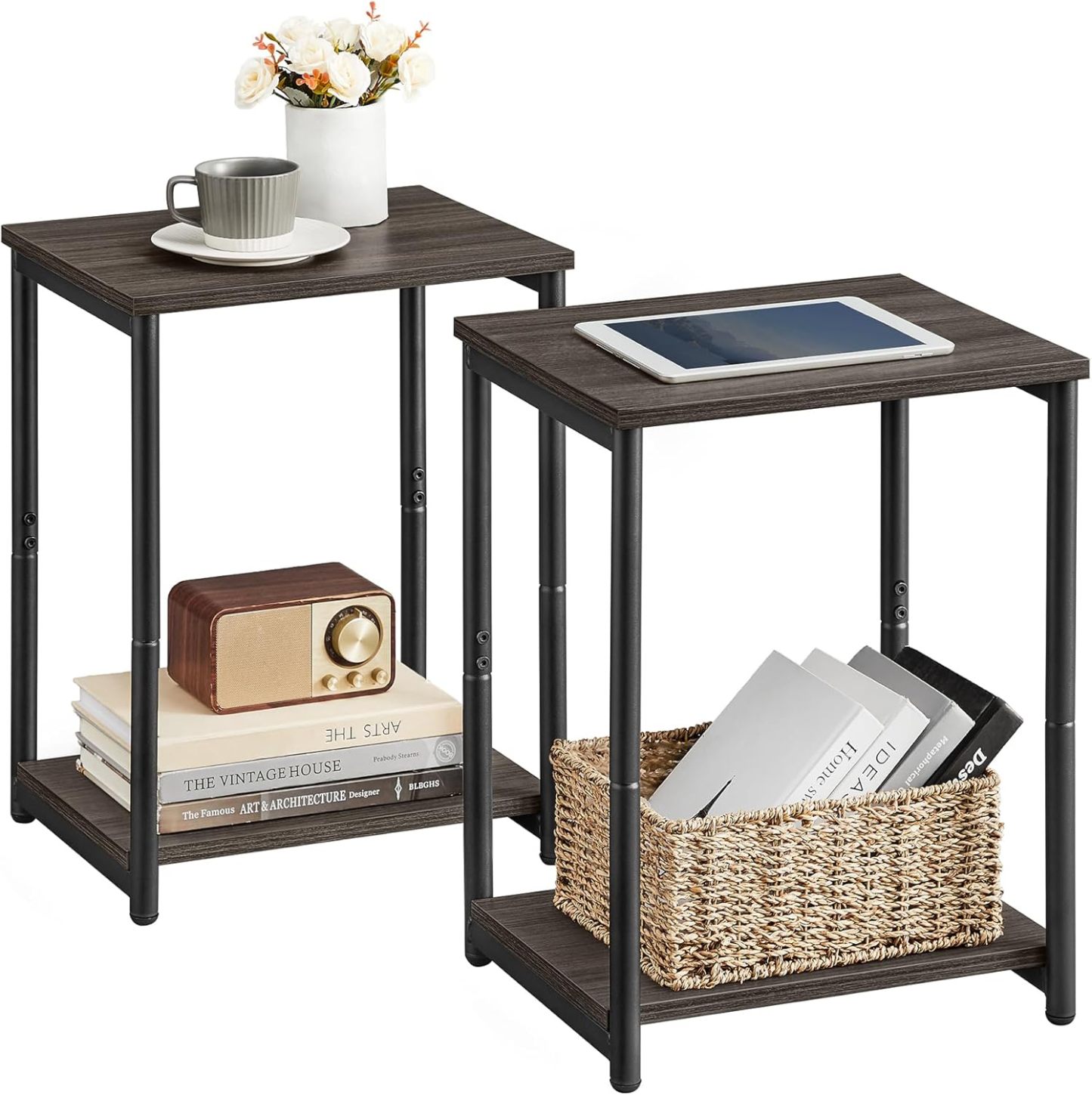 VASAGLE Mesas auxiliares, Juego de 2, Mesitas de Noche, con Estante de Almacenamiento, Marco de Acero, para Sala de Estar, Dormitorio, Estilo Industrial, Marrón Rústico y Negro MLET272B01