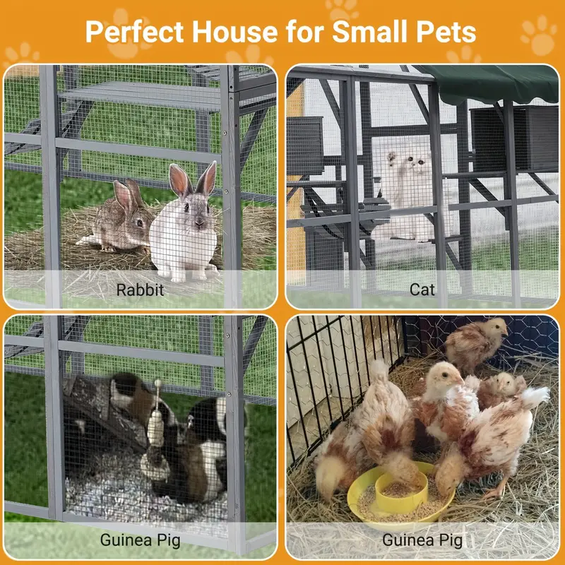 Gallinero de 110" para gatos, recinto grande para gatos, jaula de madera para gatos, conejera para conejos, casa para gatitos al aire libre con puentes, paseos, casitas, cubierta de techo.