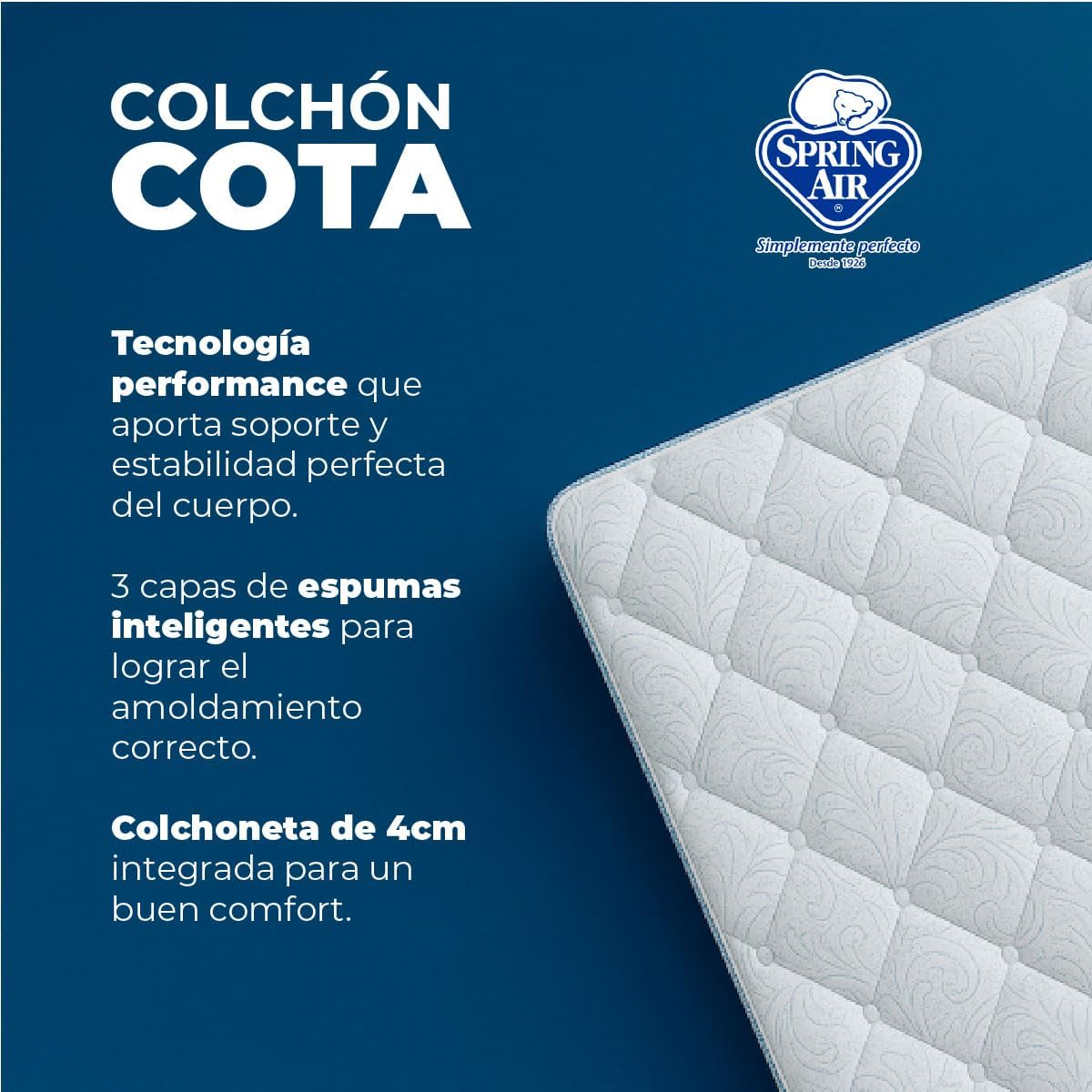 Spring Air Pack Colchón COTA Matrimonial Más 2 Almohadas y Cubre Colchon, Juego De Sabanas | Tecnología Performance | Confort y Soporte Ortopédico | Colchon Confort Medio