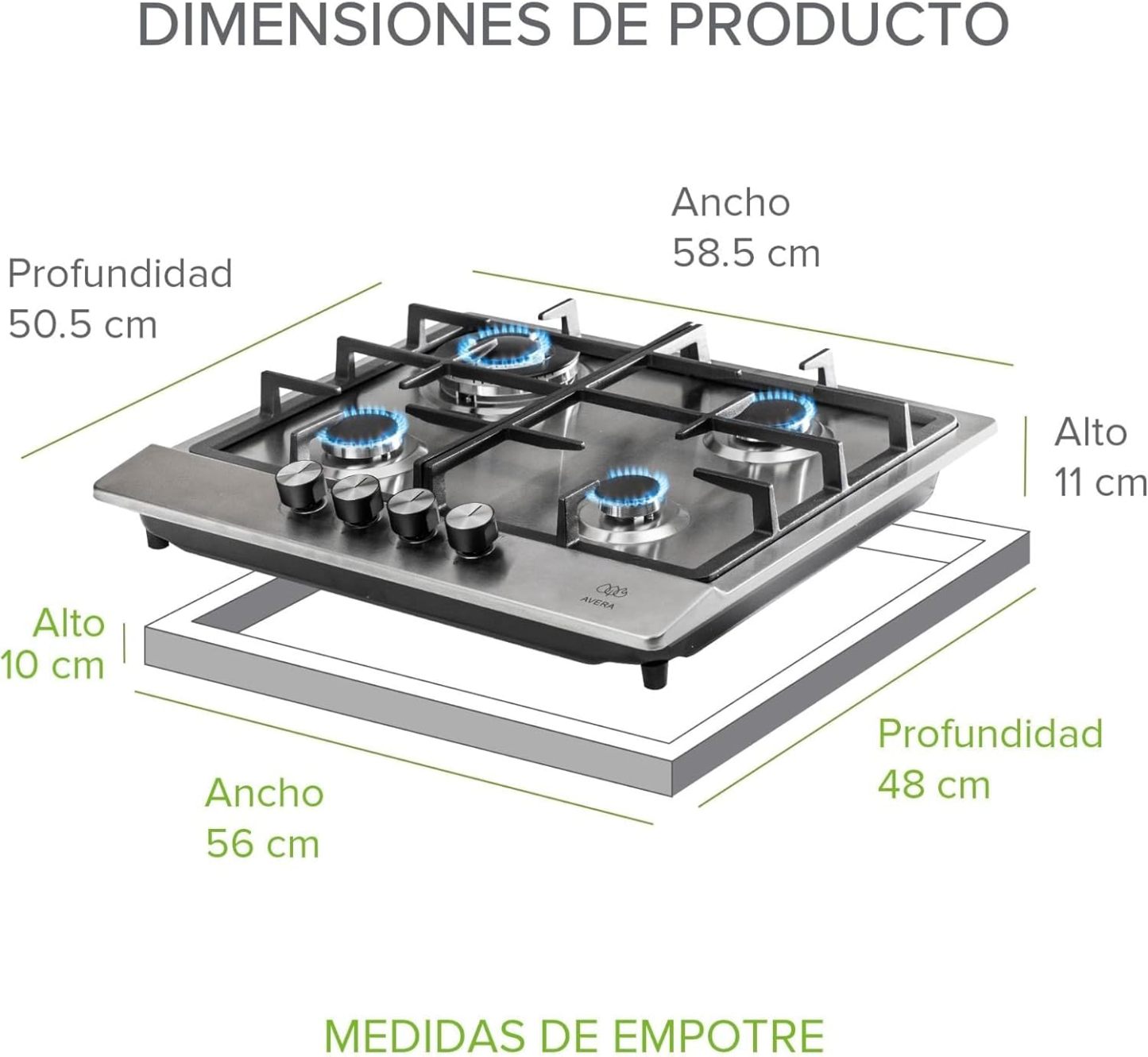 AVERA Combo Parrilla de Gas 4 Quemadores + Campana de Pared 60cm | Acero Inoxidable, Encendido Electrónico, Filtros Lavables y de Carbón, Iluminación LED, Succión de 3 Velocidades | AI4 + CEA60