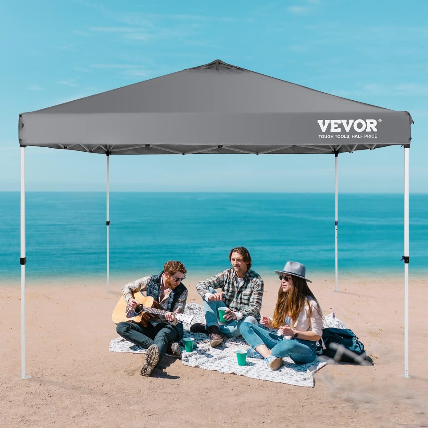 VEVOR - Tienda de campaña desplegable para toldo de 10 x 10 pies, lona recubierta de poliuretano de 250 D, con bolsa de rodillo portátil y 4 bolsas de arena, resistente al agua y protección solar para