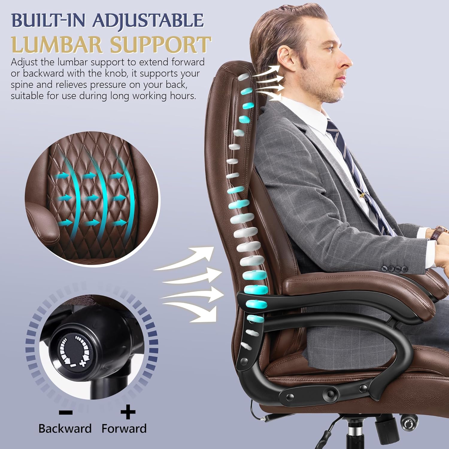 HeroSet - Silla de oficina grande y alta de 500 libras, silla de computadora ejecutiva resistente con soporte lumbar ajustable, cómodo cojín acolchado, silla ergonómica de piel sintética con asiento