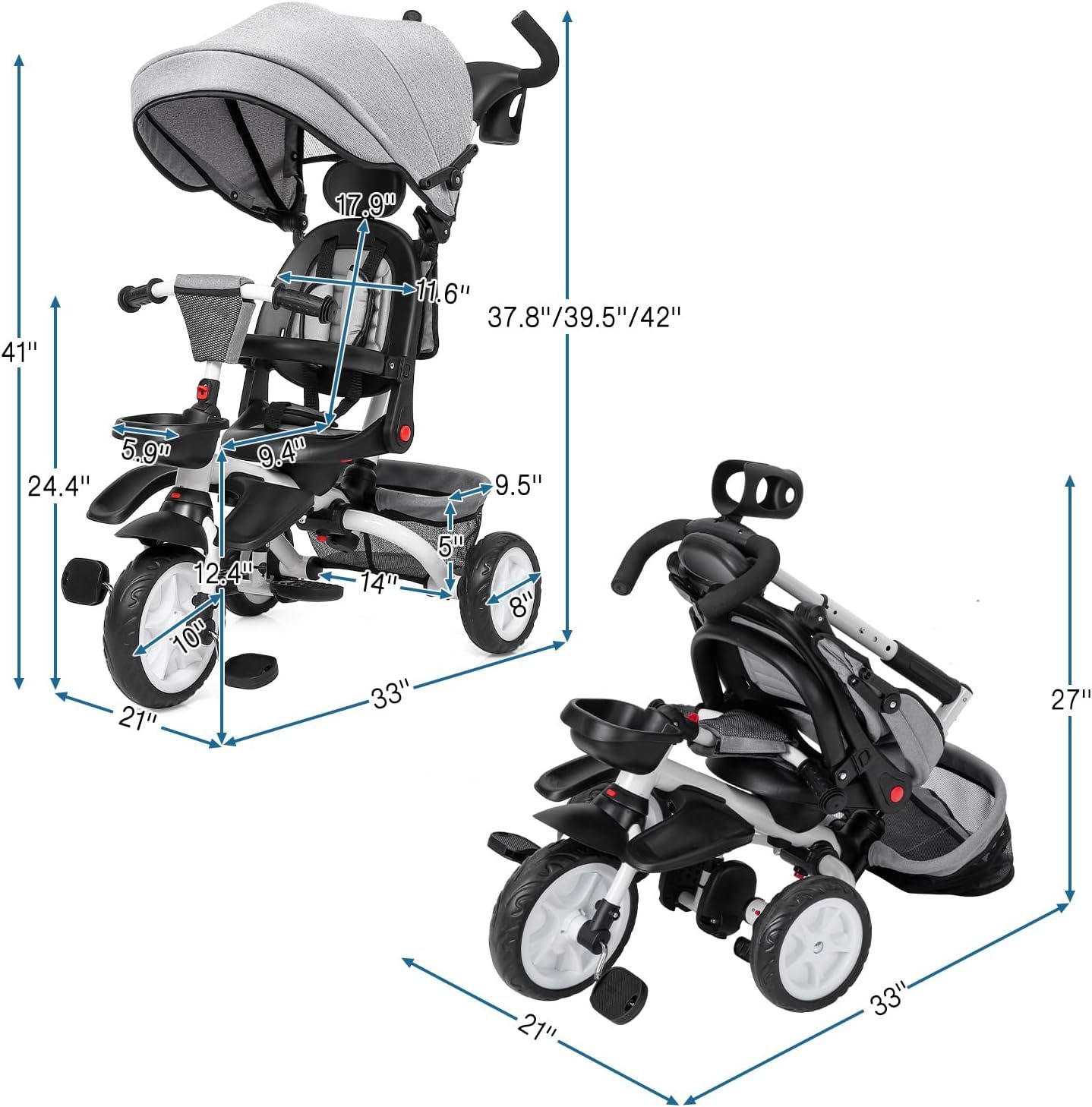 Babevy - Triciclo para bebé, 7 en 1, Plegable con Mango de Empuje Ajustable extraíble, toldo, Asiento Giratorio, arnés de Seguridad, portavasos y Almacenamiento, Triciclo para niños de 1 a 5 años