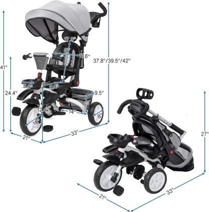 Babevy - Triciclo para bebé, 7 en 1, Plegable con Mango de Empuje Ajustable extraíble, toldo, Asiento Giratorio, arnés de Seguridad, portavasos y Almacenamiento, Triciclo para niños de 1 a 5 años