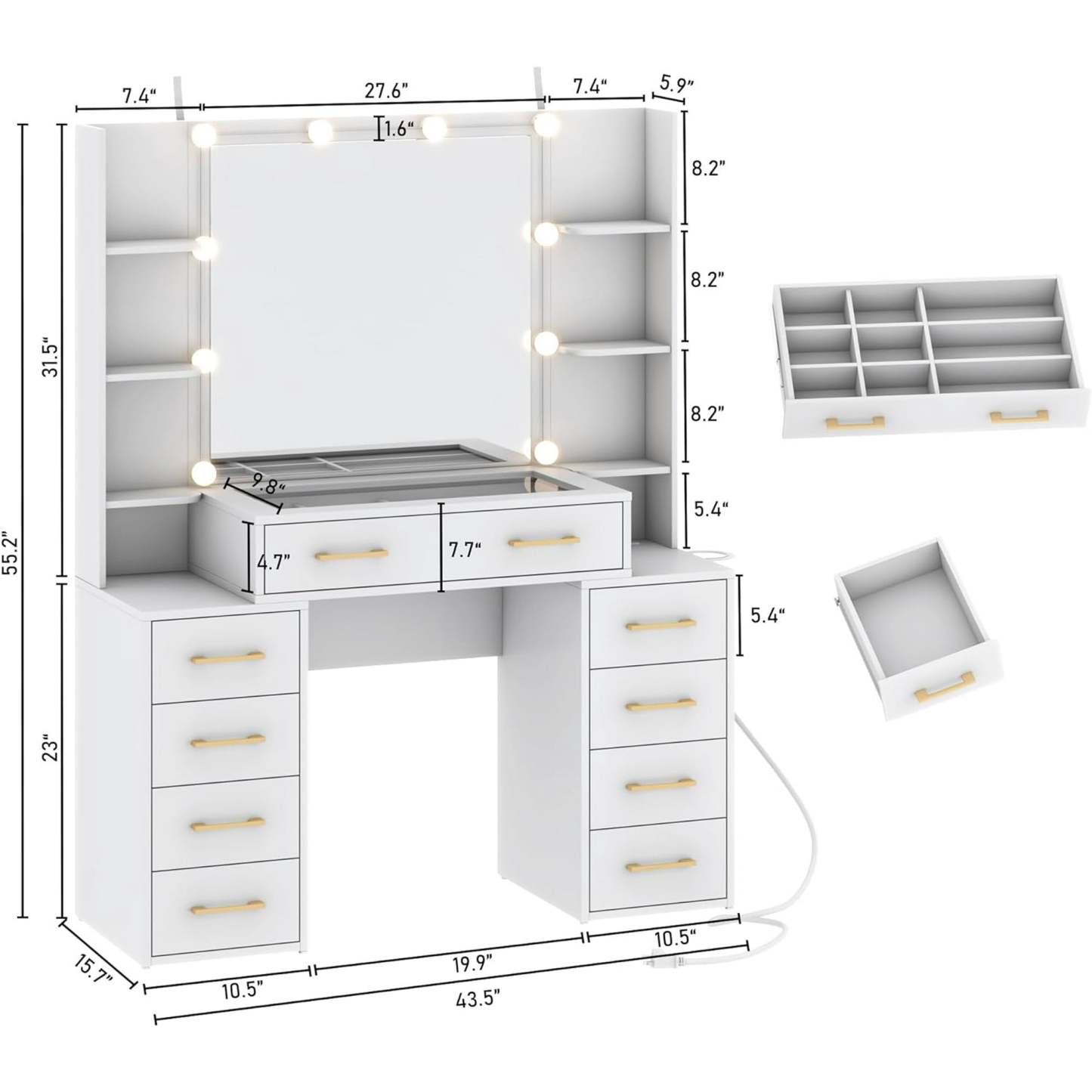 Tocador negro con espejo y luces LED, tocador con tapa de cristal con estación de carga y cajones de almacenamiento con compartimentos, mesa de tocador de maquillaje grande de 43 pulgadas con 9 cajones y 6 estantes