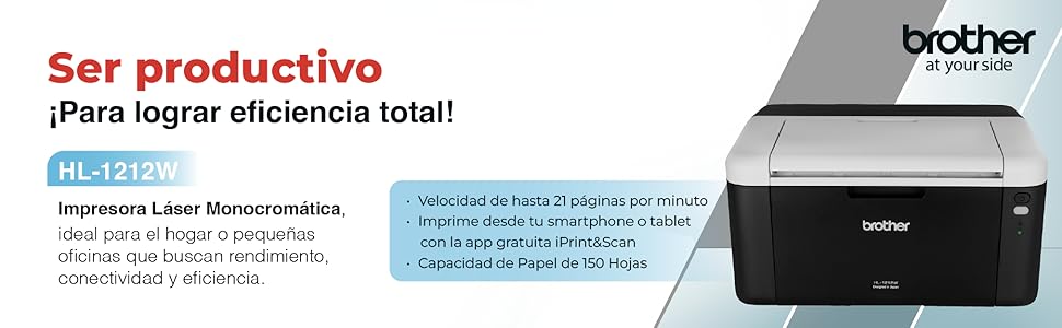 BROTHER Impresora Láser Monocromática HL-1212W,Compacta,Económica,WiFi,21 ppm,150 Hojas