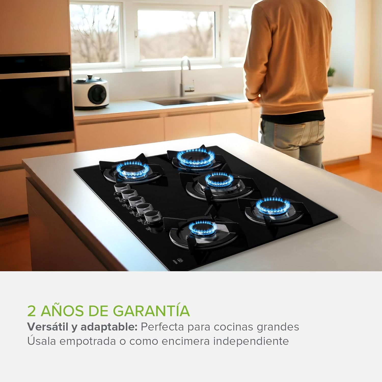AVERA Parrilla de Gas Premium de 5 Quemadores, Vidrio Templado Negro 77cm (Incluye accesorios) Empotrable, Encendido Electronico, Perillas Metalicas, Estufa Empotrable, para Gas LP y Natural, VT5
