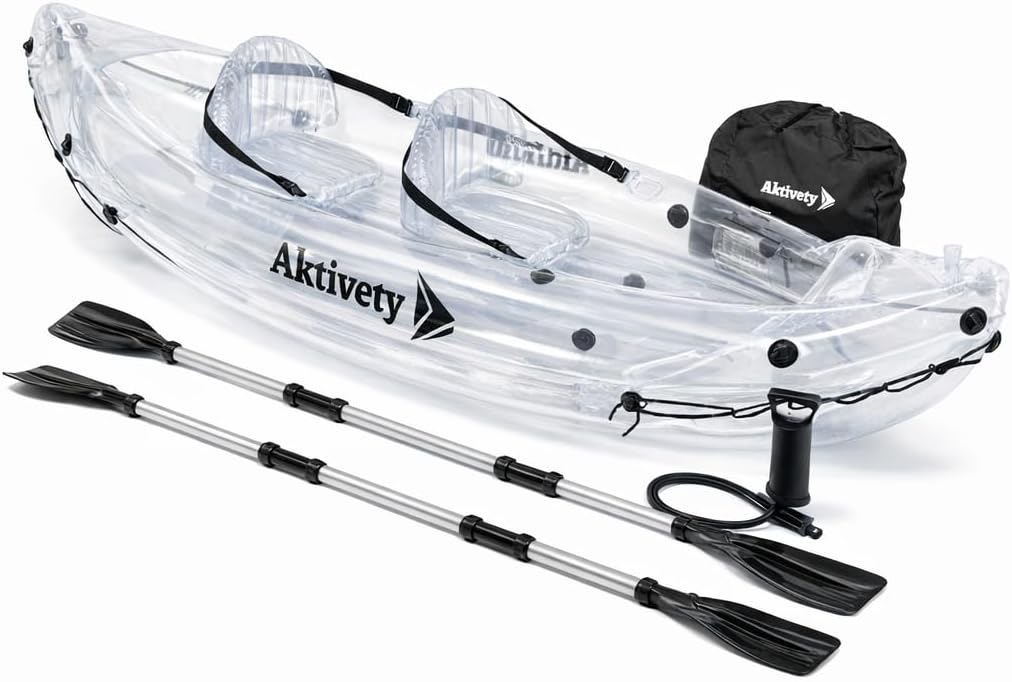 Clear Kayak - Tándem Inflable Transparente De 2 Plazas Para Dos Adultos - Estilo Translúcido - Set Completo Con Asientos Ajustables, Bomba, Remos, Bolsa De Transporte Y Aleta De Seguimiento