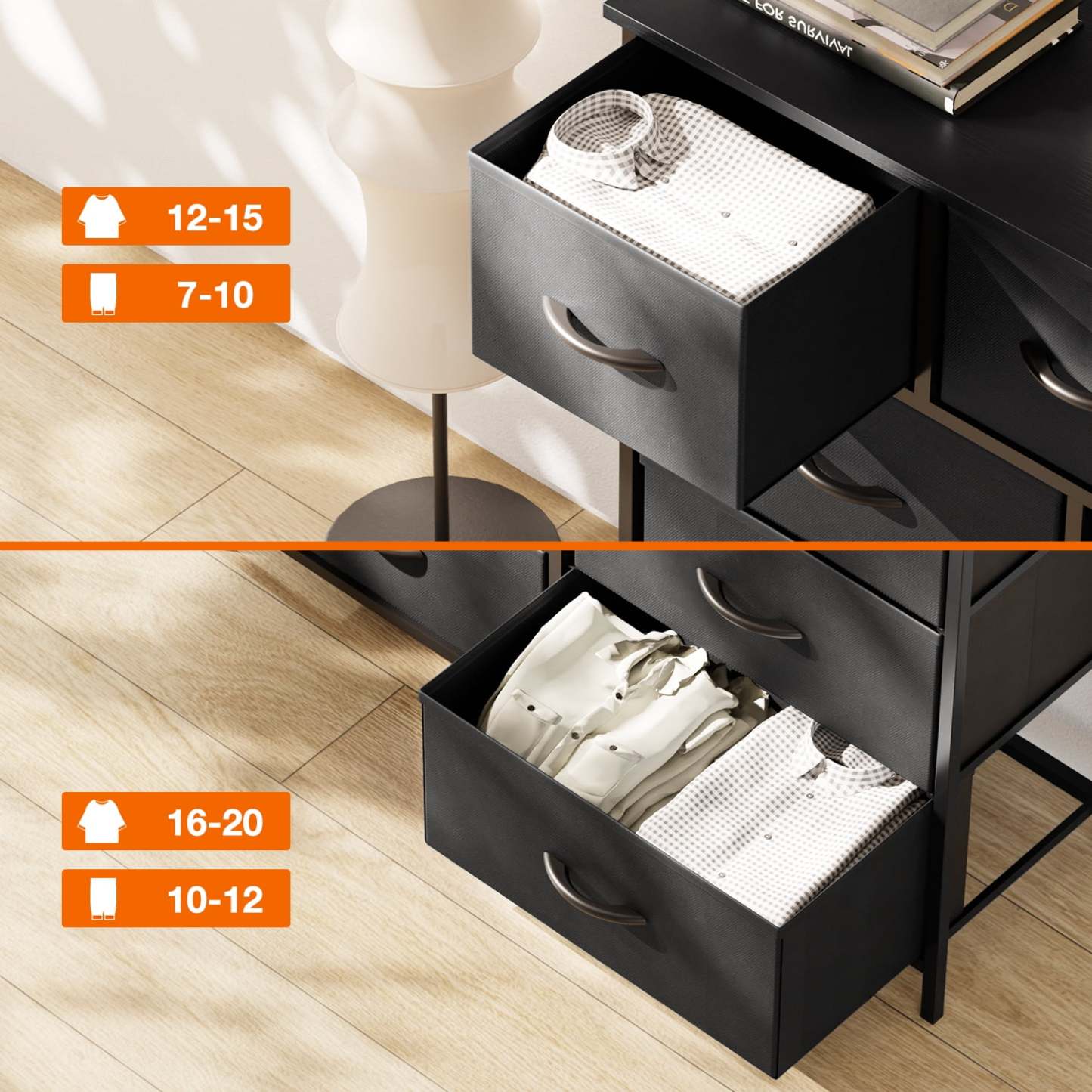 Yanming Cómoda de Tela con 9 cajones, Estructura de Acero y Tapa de Madera para Dormitorio, Armario, Entrada