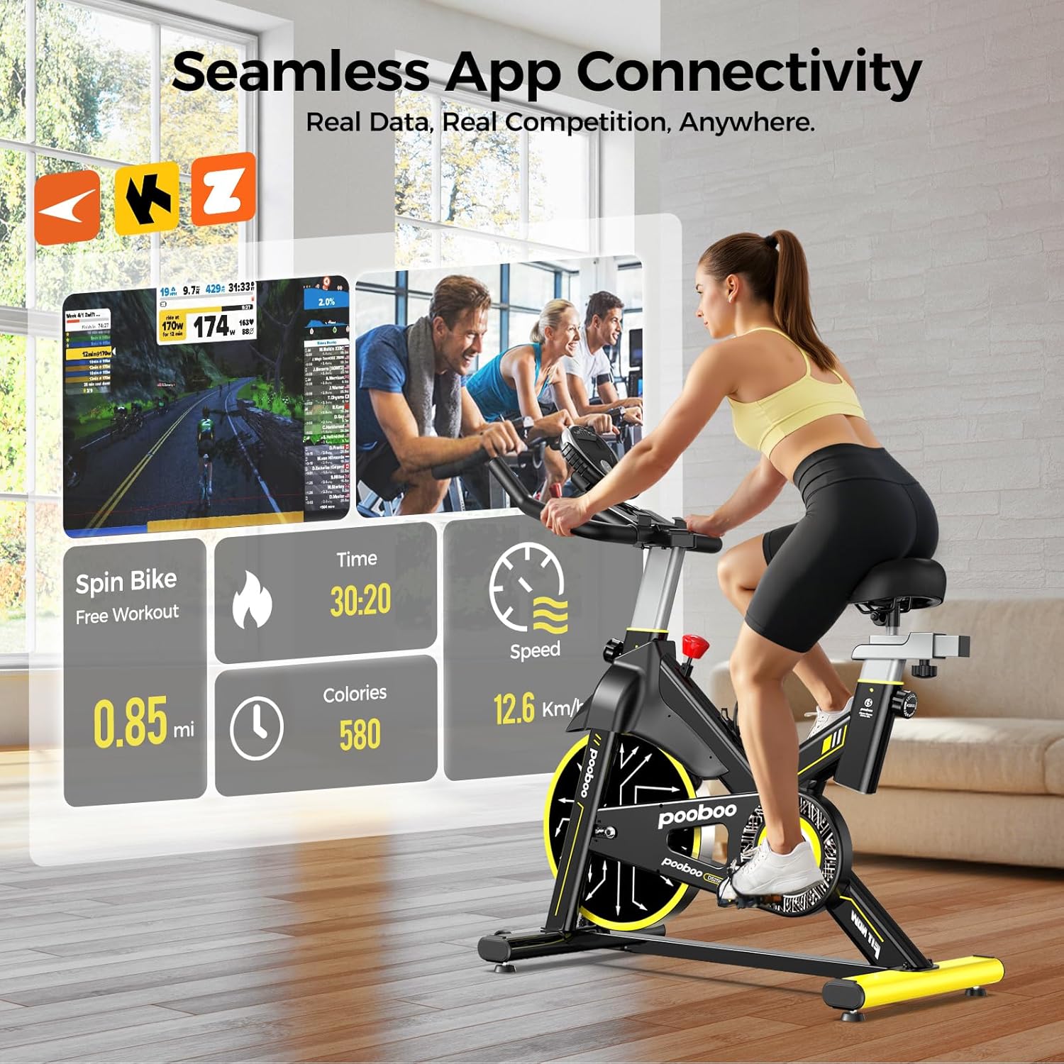 Pooboo - Bicicleta estática ajustable, magnética/almohadilla de freno, silenciosa transmisión por correa, bicicleta de ciclismo interior para el hogar, cardio, bicicleta estacionaria de fitness con