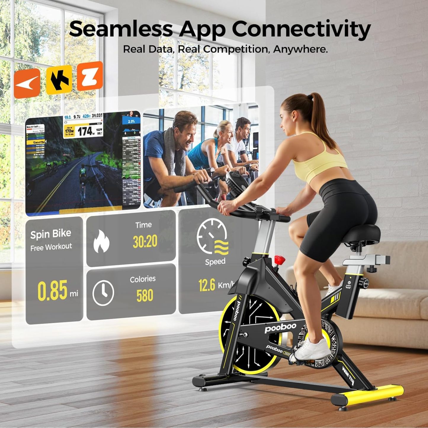 Pooboo - Bicicleta estática ajustable, magnética/almohadilla de freno, silenciosa transmisión por correa, bicicleta de ciclismo interior para el hogar, cardio, bicicleta estacionaria de fitness con