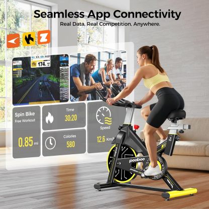 Pooboo - Bicicleta estática ajustable, magnética/almohadilla de freno, silenciosa transmisión por correa, bicicleta de ciclismo interior para el hogar, cardio, bicicleta estacionaria de fitness con