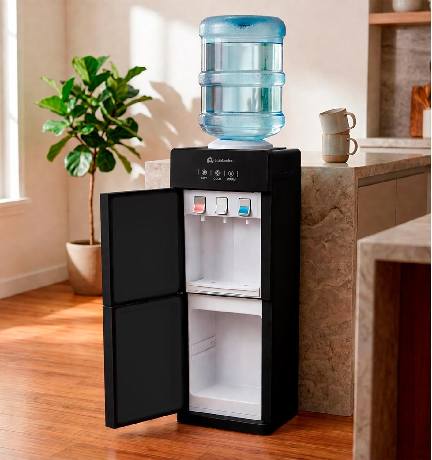 Bluelander Dispensador de Agua Garrafón 28 * 26 * 89 cm, 3 Ajustes de Temperatura (Fría, Caliente, Tibia), Despachador de Agua con Grifos Metálicos, Gabinete de Almacenamiento (Negro)