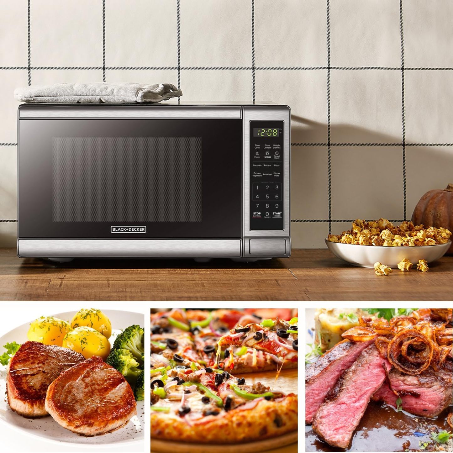 BLACK+DECKER EM720CB7 - Horno de microondas digital con puerta giratoria con botón pulsador, cerradura de seguridad infantil, 700 W, acero inoxidable, 0.7 pies cúbicos