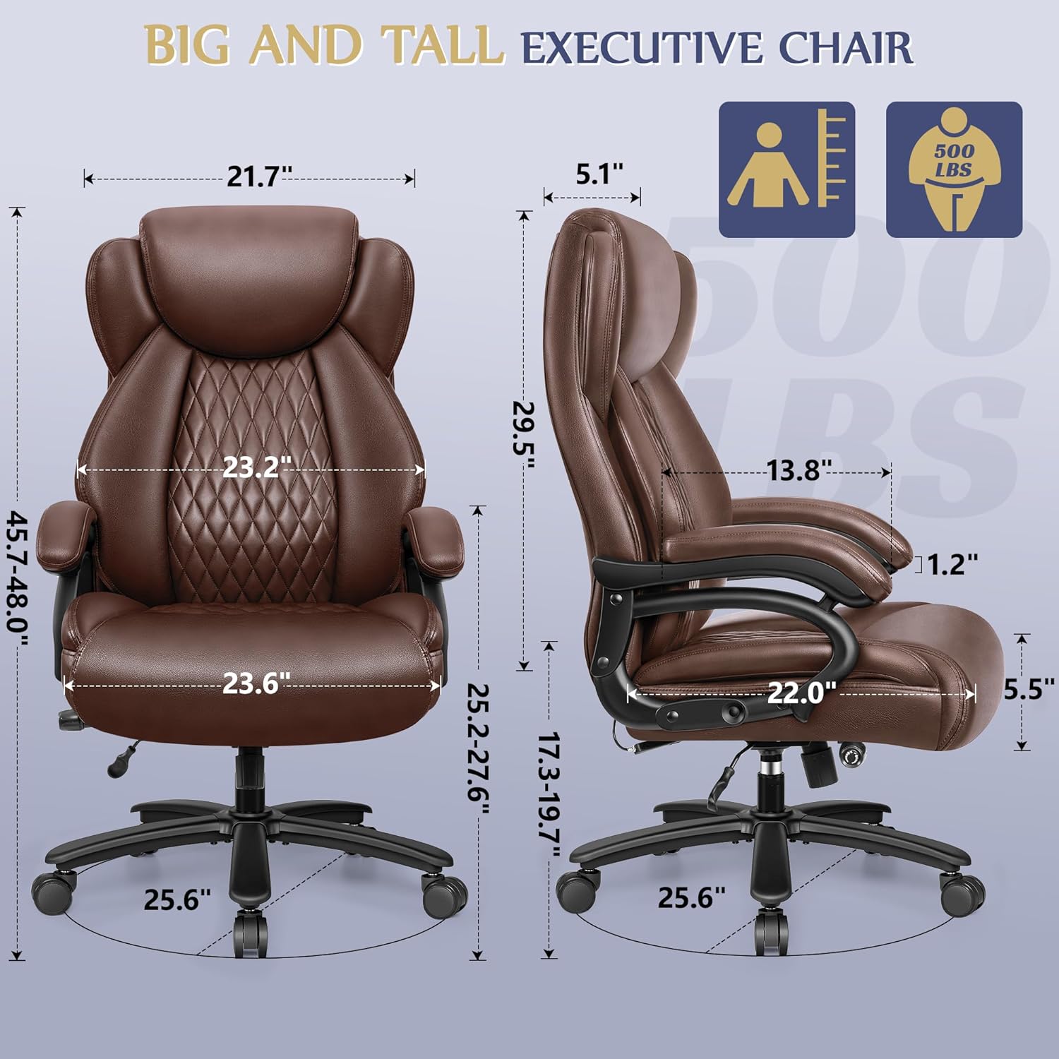 HeroSet - Silla de oficina grande y alta de 500 libras, silla de computadora ejecutiva resistente con soporte lumbar ajustable, cómodo cojín acolchado, silla ergonómica de piel sintética con asiento