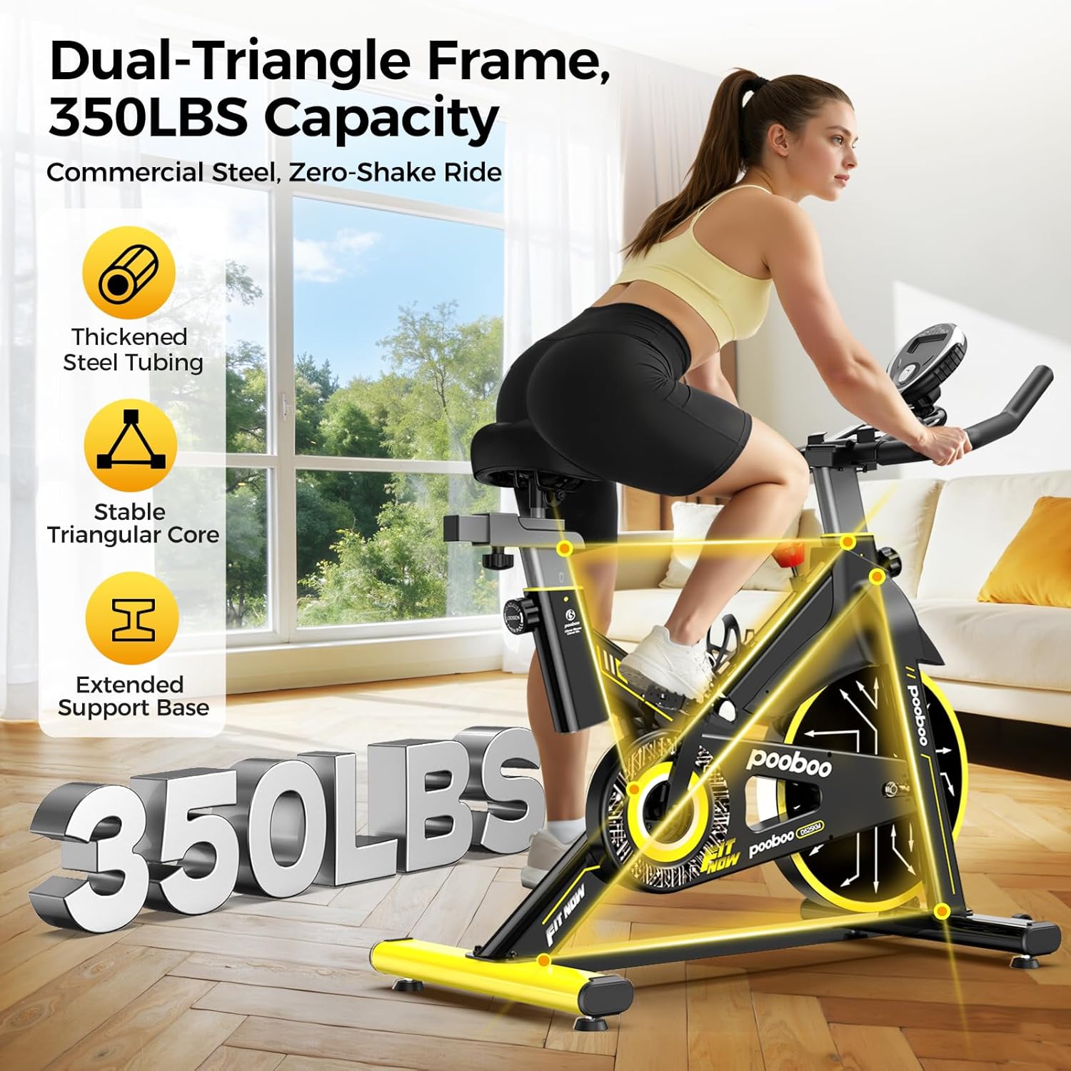 Pooboo - Bicicleta estática ajustable, magnética/almohadilla de freno, silenciosa transmisión por correa, bicicleta de ciclismo interior para el hogar, cardio, bicicleta estacionaria de fitness con