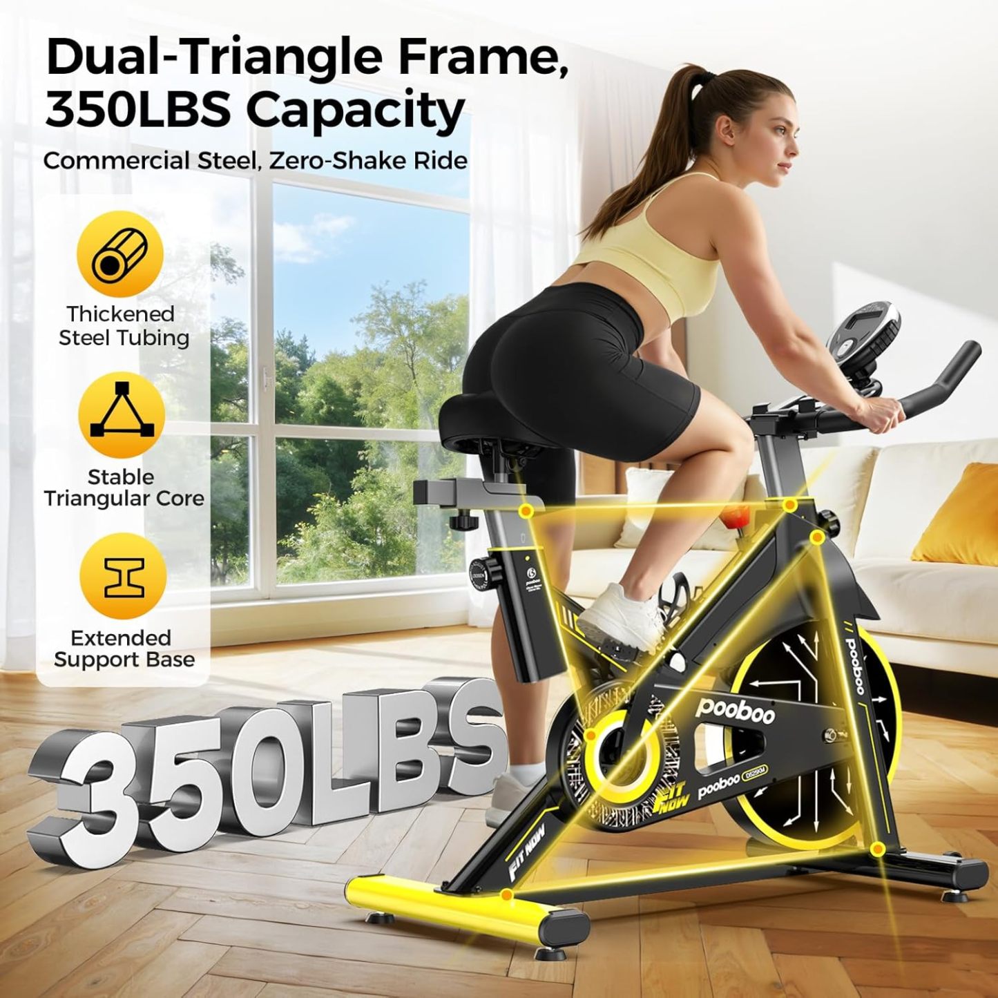Pooboo - Bicicleta estática ajustable, magnética/almohadilla de freno, silenciosa transmisión por correa, bicicleta de ciclismo interior para el hogar, cardio, bicicleta estacionaria de fitness con