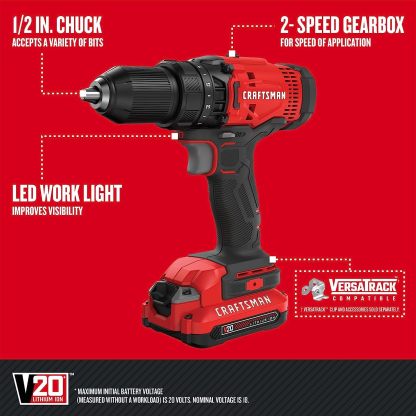 CRAFTSMAN Kit de Herramientas 20V Inalambricas con Taladro Atornillador y Atornilladro de Impacto con 2 Baterías CMCK200C2