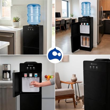 Bluelander Dispensador de Agua Garrafón 28 * 26 * 89 cm, 3 Ajustes de Temperatura (Fría, Caliente, Tibia), Despachador de Agua con Grifos Metálicos, Gabinete de Almacenamiento (Negro)