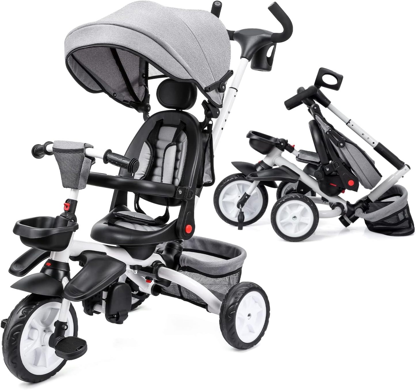 Babevy - Triciclo para bebé, 7 en 1, Plegable con Mango de Empuje Ajustable extraíble, toldo, Asiento Giratorio, arnés de Seguridad, portavasos y Almacenamiento, Triciclo para niños de 1 a 5 años