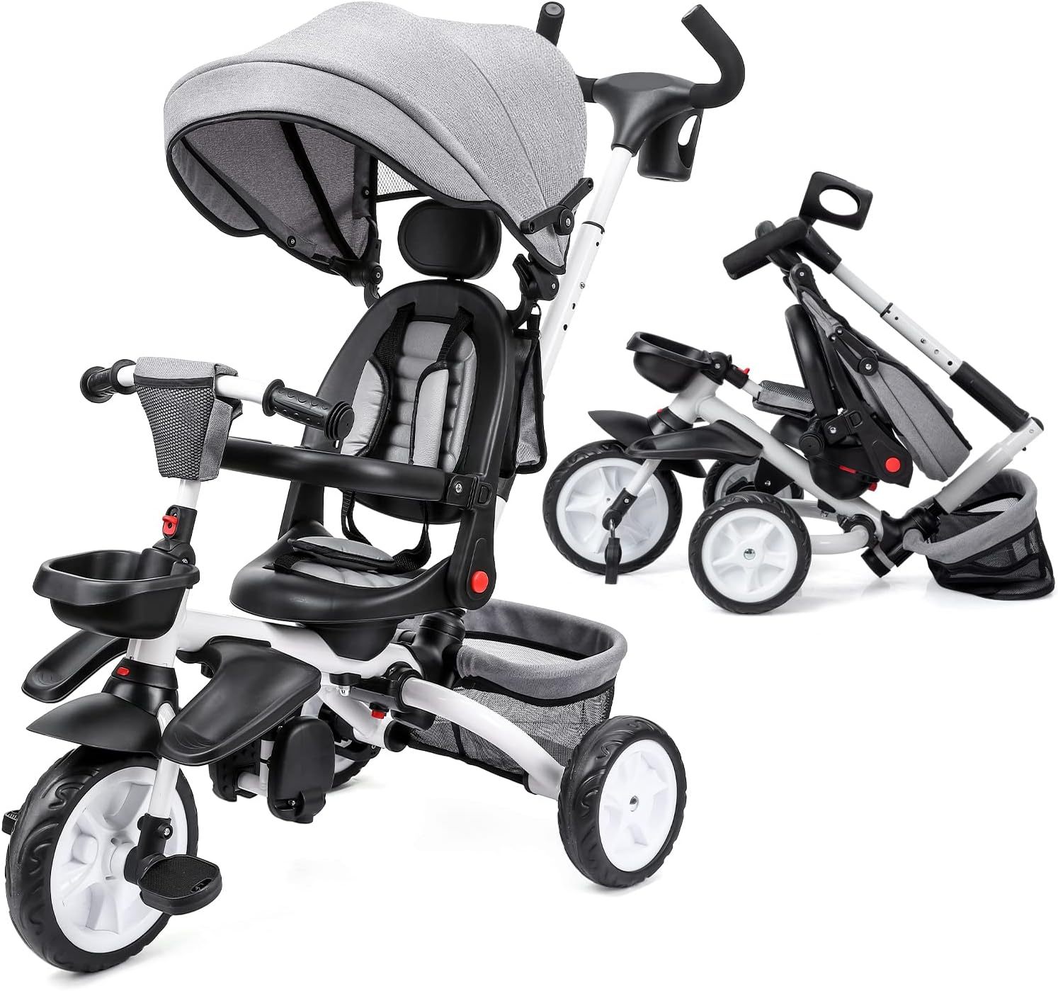 Babevy - Triciclo para bebé, 7 en 1, Plegable con Mango de Empuje Ajustable extraíble, toldo, Asiento Giratorio, arnés de Seguridad, portavasos y Almacenamiento, Triciclo para niños de 1 a 5 años