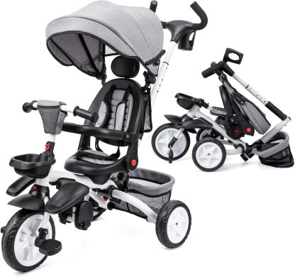 Babevy - Triciclo para bebé, 7 en 1, Plegable con Mango de Empuje Ajustable extraíble, toldo, Asiento Giratorio, arnés de Seguridad, portavasos y Almacenamiento, Triciclo para niños de 1 a 5 años